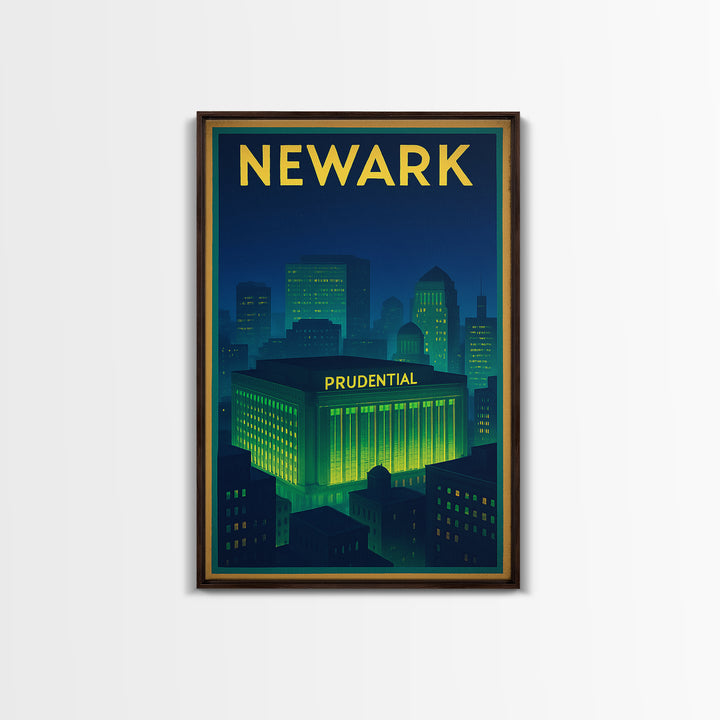 Newark Travel Poster, Framed Canvas Print, Electric Night Poster Art, Newark Wall Art, City Illustration, Vintage Travel Print