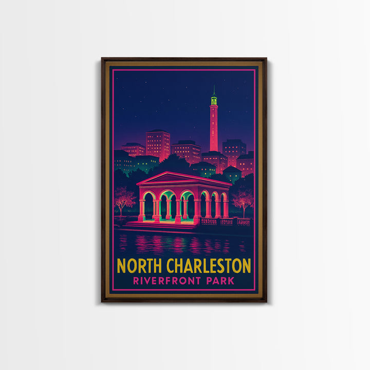 North Charleston South Carolina Travel Poster, Canvas Print, Neon Cityscape Wall Art, North Charleston Poster Print, City Illustration