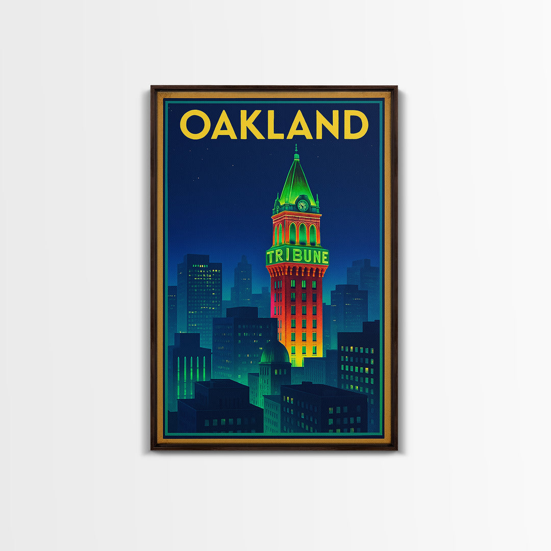 Oakland Travel Poster, Framed Canvas Print, Cyberpunk Style City Art, Oakland Poster Print, Travel Wall Decor, Wanderlust Decor
