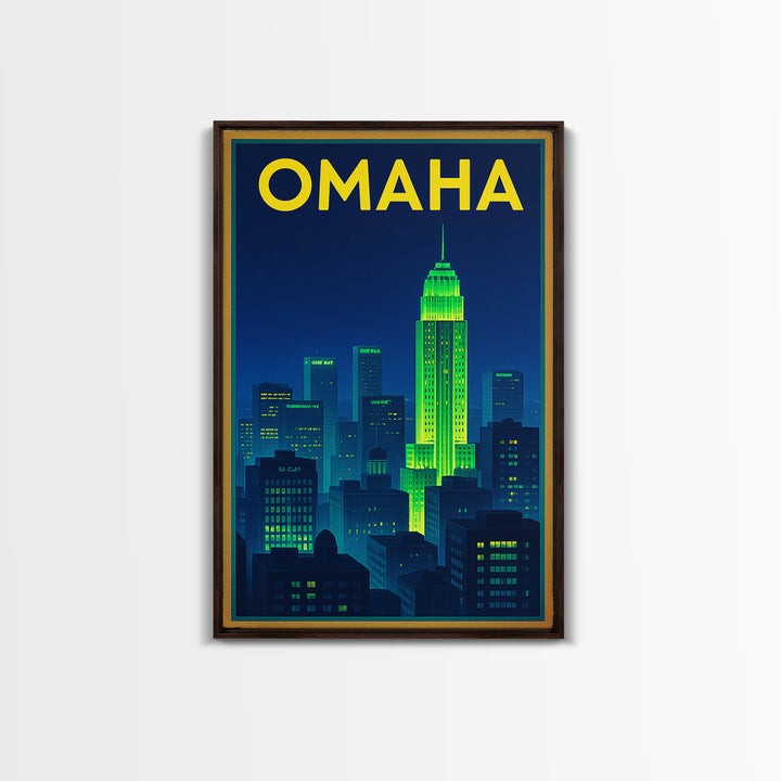 Omaha Travel Poster, Framed Canvas Print, Electric Night Poster Art, Omaha City Art, Travel Wall Decor, Mid Century Wall Art, Art Print