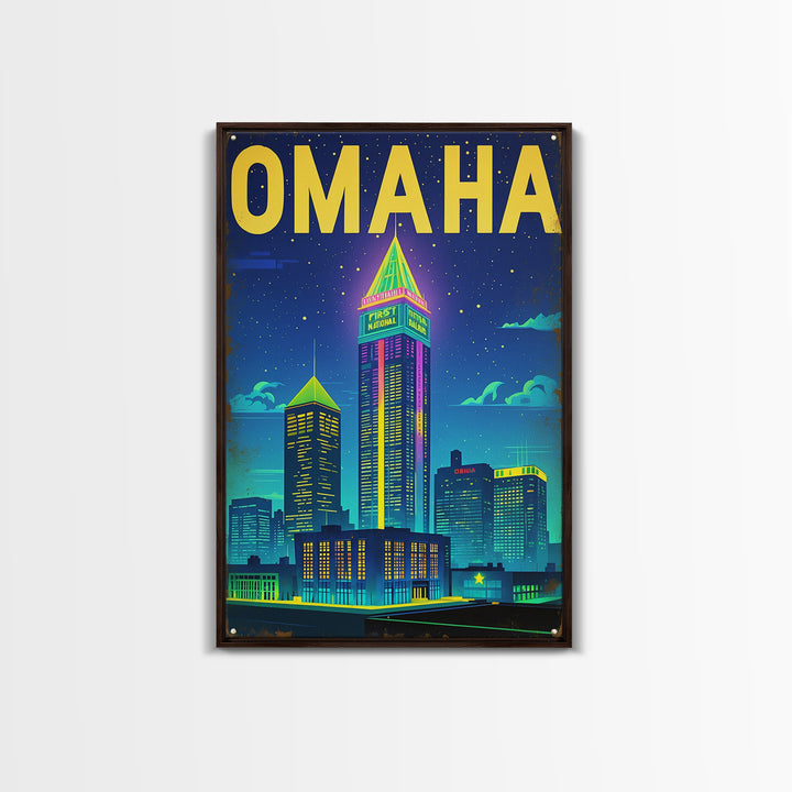 Omaha Travel Poster, Framed Canvas Print, Retro Neon Travel Art, Omaha Travel Art, Eclectic Wall Decor, City Art Print, Fine Art Print