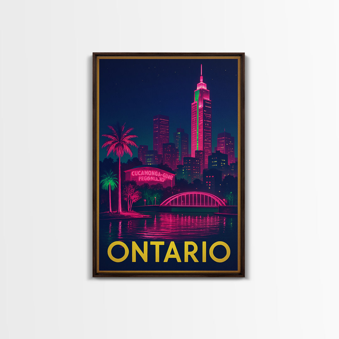 Ontario California Travel Poster, Canvas Print, Neon Urban Skyline Wall Art, Ontario City Art, Office Decor, City Illustration, City Poster