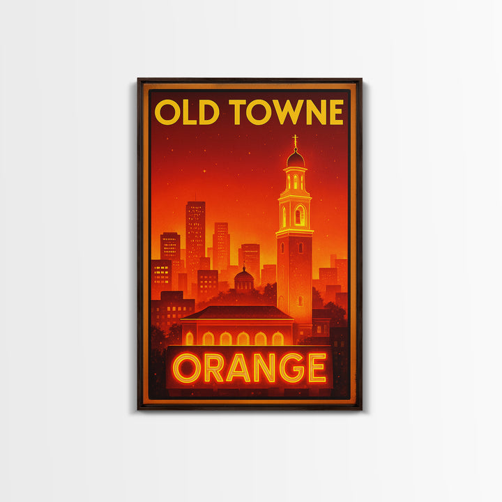 Orange Travel Poster, Framed Canvas Print, Retro Neon Travel Art, Orange Travel Art, Watercolor Downtown Skyline, Travel Poster Set