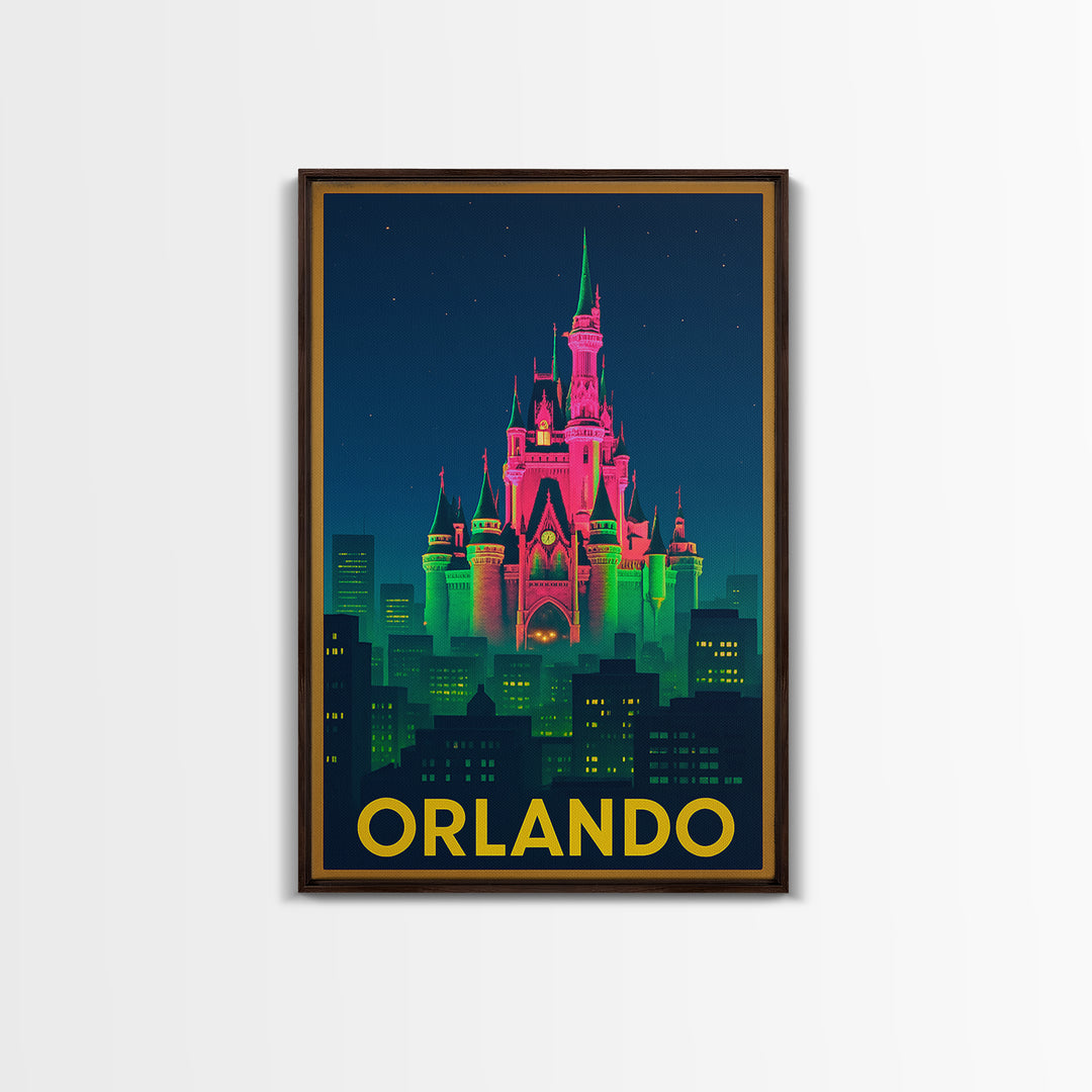 Orlando Florida Travel Poster, Canvas Print, Neon Urban Skyline Wall Art, Orlando Wall Art, Home Office Decor, Retro Travel Print, Art Print