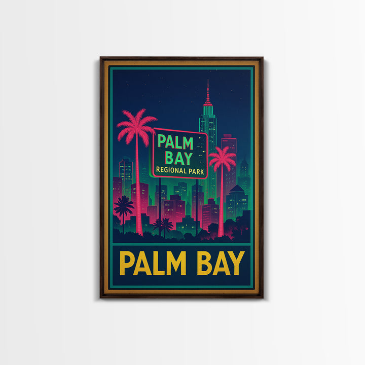 Palm Bay Florida Travel Poster, Framed Canvas Print, Neon Skyline Wall Art, Palm Bay Travel Art, Vintage Travel Art, City Travel Prints