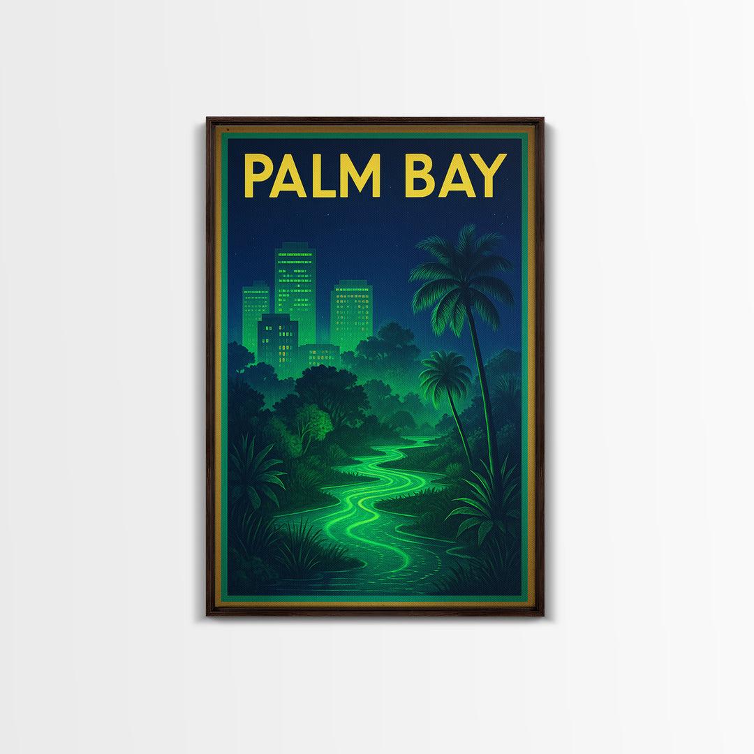 Palm Bay Travel Poster, Framed Canvas Print, Electric Night Poster Art, Palm Bay City Art, Travel Wall Art, City Travel Prints