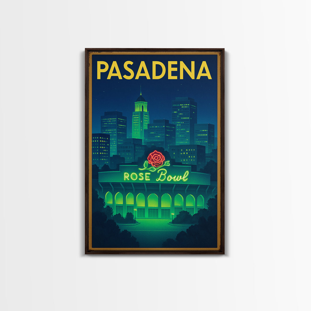 Pasadena Travel Poster, Canvas Print, Neon Downtown Skyline Wall Art, Pasadena Travel Art, Travel Poster Art, Travel Wall Art, Design 4