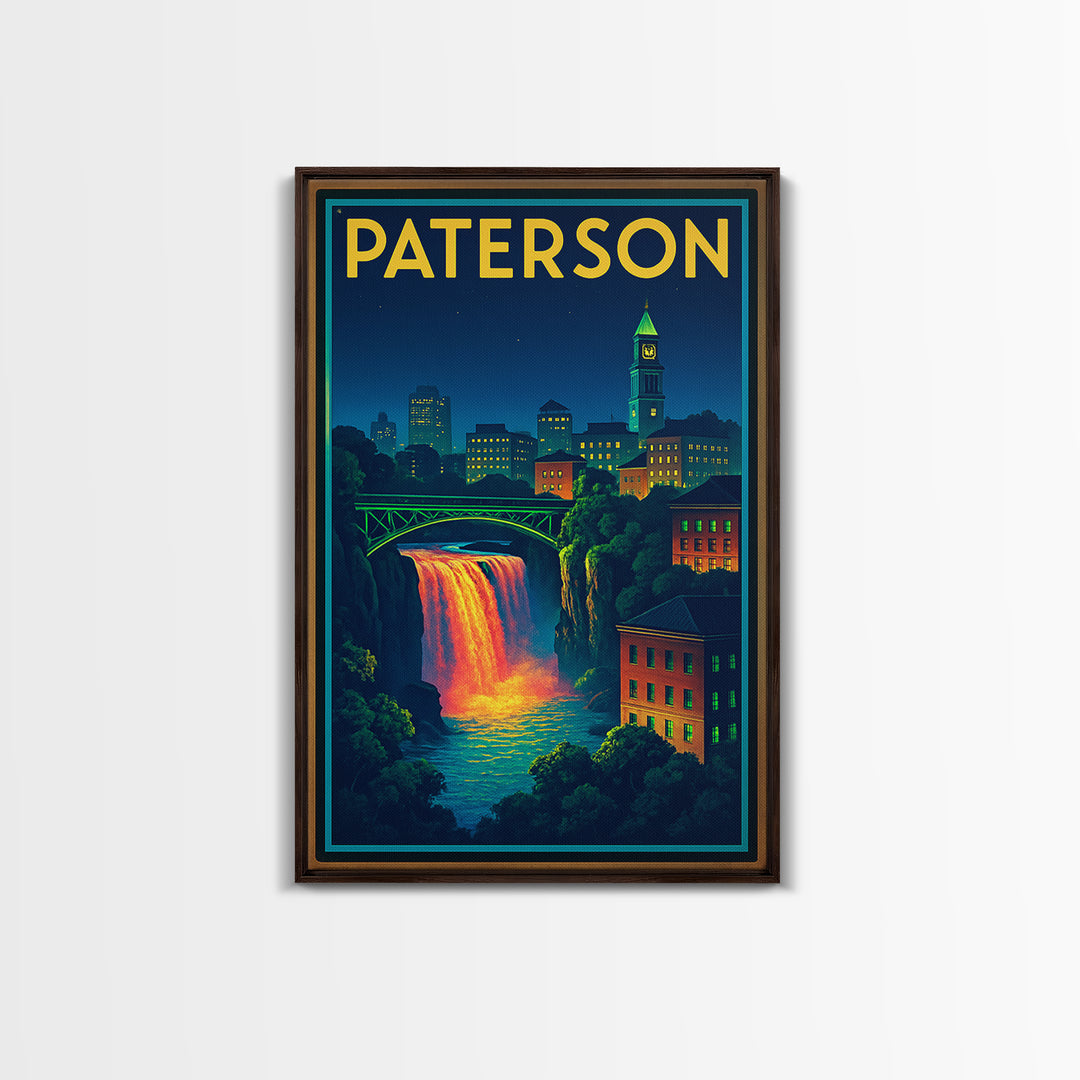 Paterson Travel Poster, Framed Canvas Print, Electric Night Poster Art, Paterson Wall Art, City Travel Prints, Home Office Decor