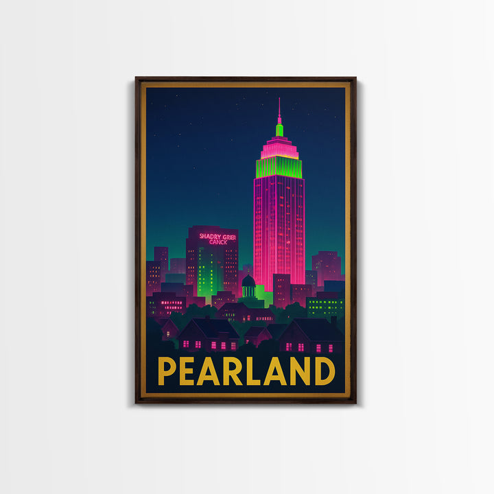 Pearland Texas Travel Poster, Canvas Print, Cyberpunk Style City Art, Pearland Travel Art, Mid Century Wall Art, Retro Travel Print