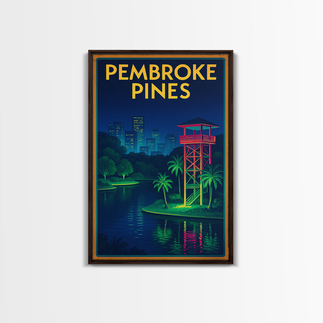 Pembroke Pines Travel Poster, Framed Canvas Print, Electric Night Poster Art, Pembroke Pines City Art, Mid Century Wall Art, Travel Gift