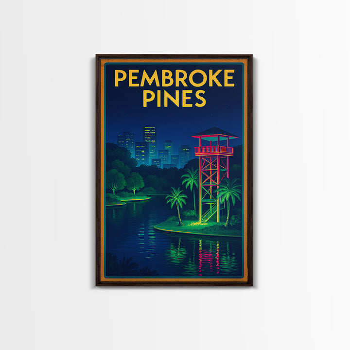 Pembroke Pines Travel Poster, Framed Canvas Print, Electric Night Poster Art, Pembroke Pines City Art, Mid Century Wall Art, Travel Gift