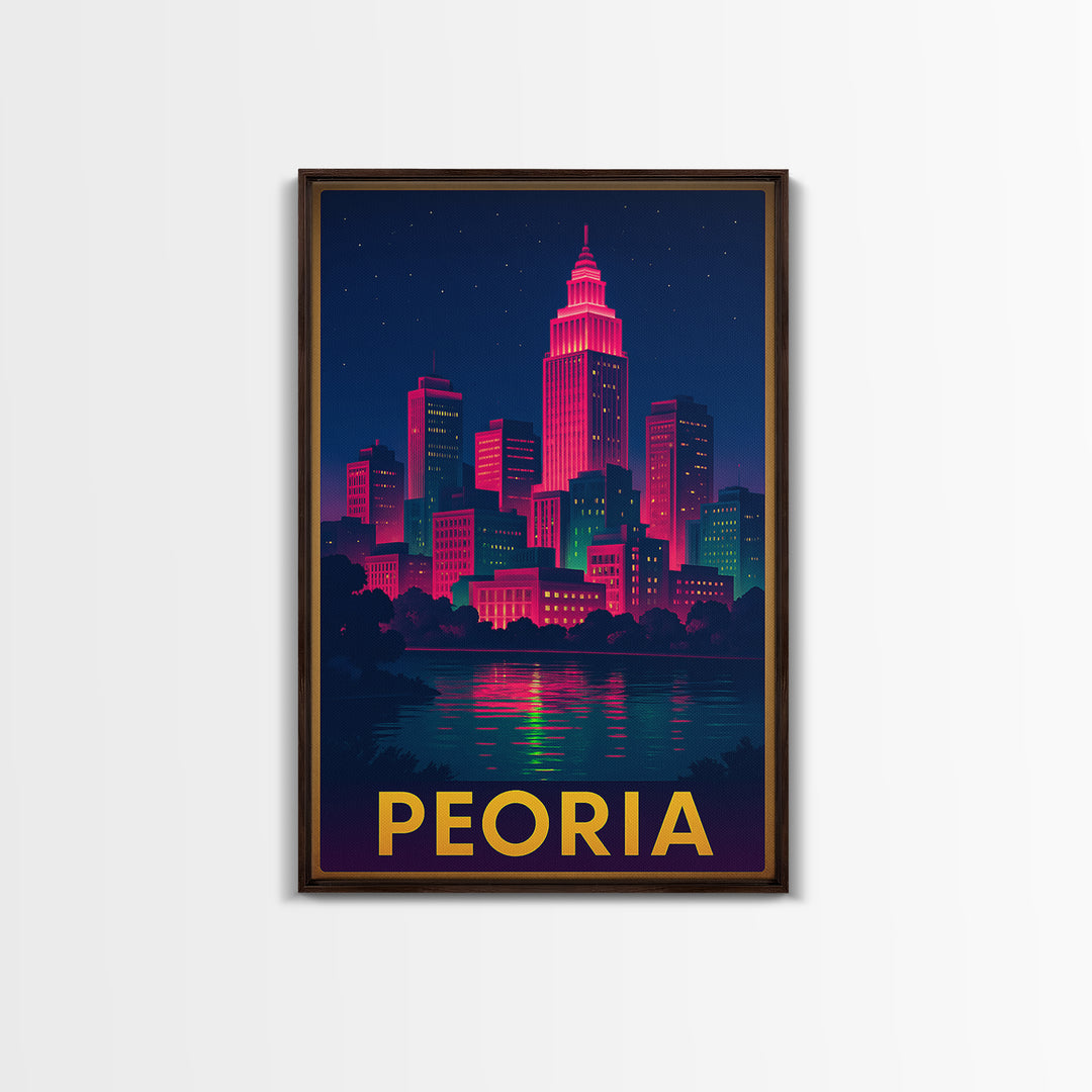 Peoria Travel Poster, Canvas Print, Electric Night Poster Art, Peoria Art Print, Vintage City Poster, City Illustration, City Travel Prints