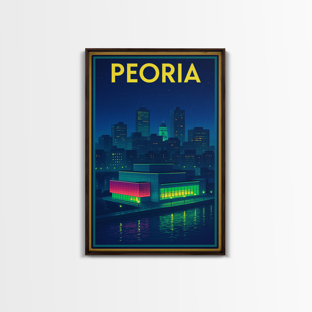 Peoria Travel Poster, Canvas Print, Retro Neon Travel Art, Peoria Art Print, Watercolor Skyline, City Art Print, Living Room Wall Art