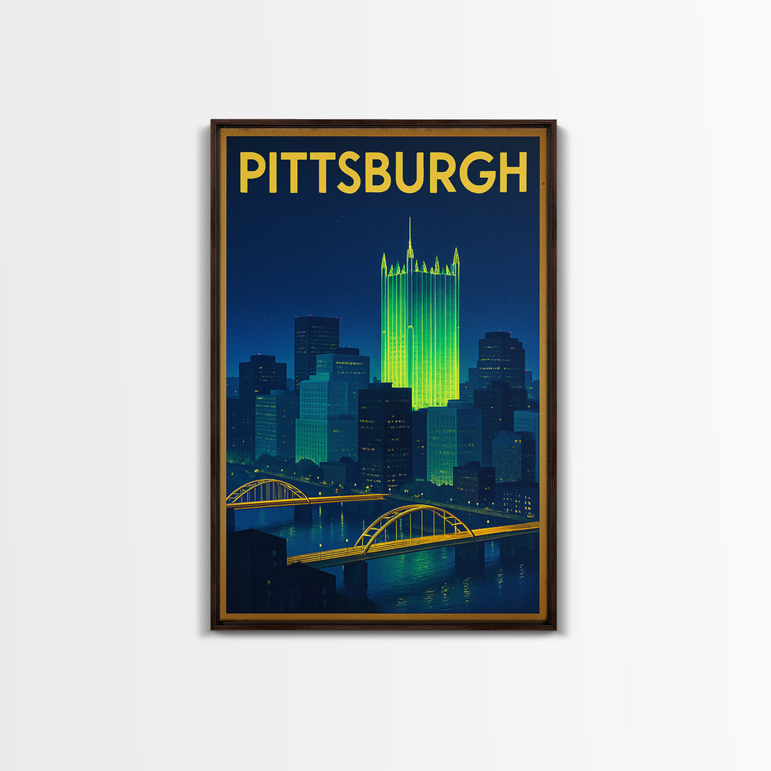 Pittsburgh Travel Poster, Framed Canvas Print, Electric Night Poster Art, Pittsburgh Art Print, Vintage City Poster, Vintage Travel Art