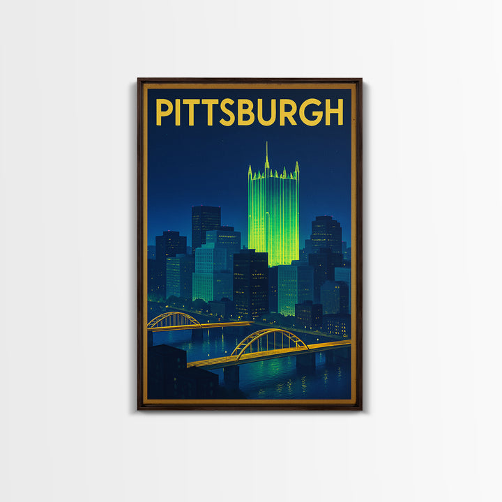 Pittsburgh Travel Poster, Framed Canvas Print, Electric Night Poster Art, Pittsburgh Art Print, Vintage City Poster, Vintage Travel Art