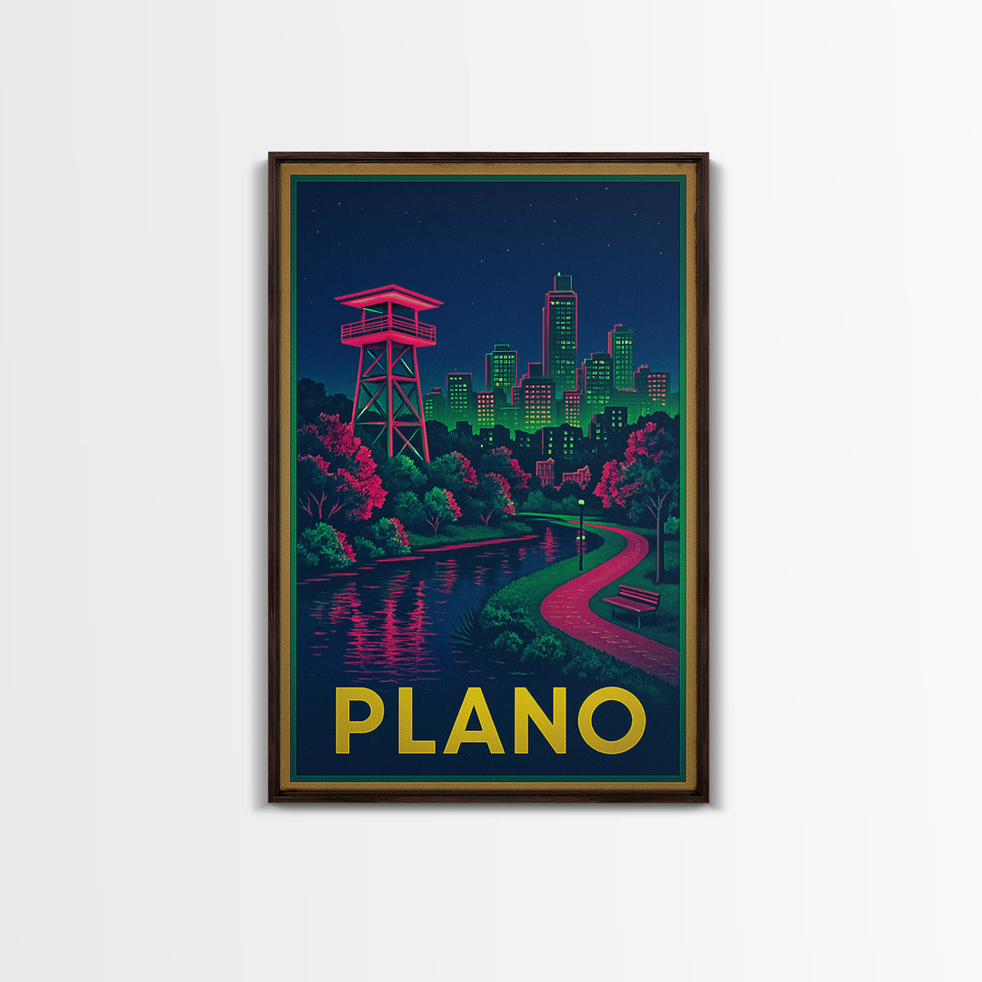 Plano Texas Travel Poster, Canvas Print, Neon Skyline Wall Art, Plano Wall Art, Gift For Travelers, Modern Wall Decor, City Travel Prints