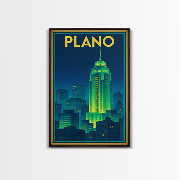 Plano Travel Poster, Framed Canvas Print, Electric Night Poster Art, Plano Travel Art, Watercolor Urban Skyline, Modern Wall Decor