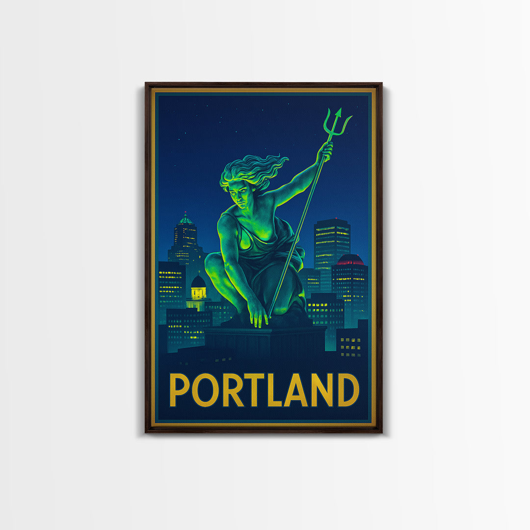 Portland Oregon Travel Poster, Framed Canvas Print, Retro Neon Travel Art, Portland Travel Art, Home Office Decor, Retro Travel Print