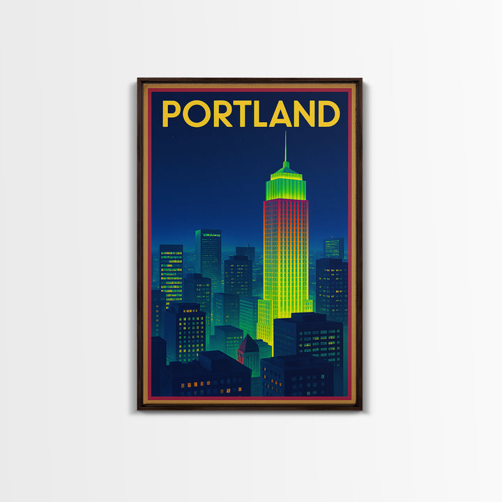 Portland Travel Poster, Framed Canvas Print, Cyberpunk Style City Art, Portland Wall Art, Fine Art Print, Watercolor Skyline
