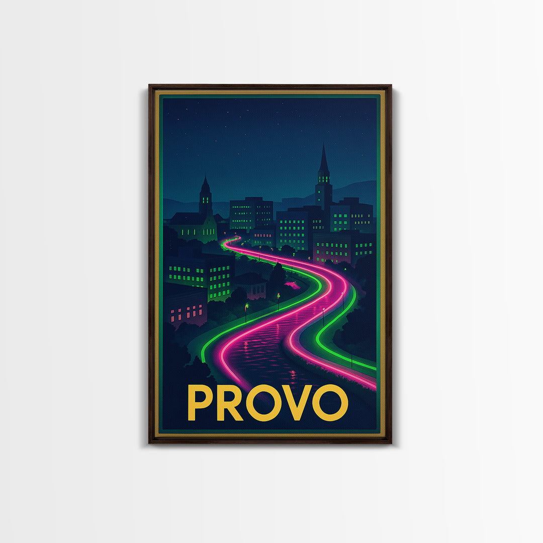 Provo Utah Travel Poster, Canvas Print, Neon Downtown Skyline Wall Art, Provo Wall Art, City Illustration, Gift For Travelers, Wall Art