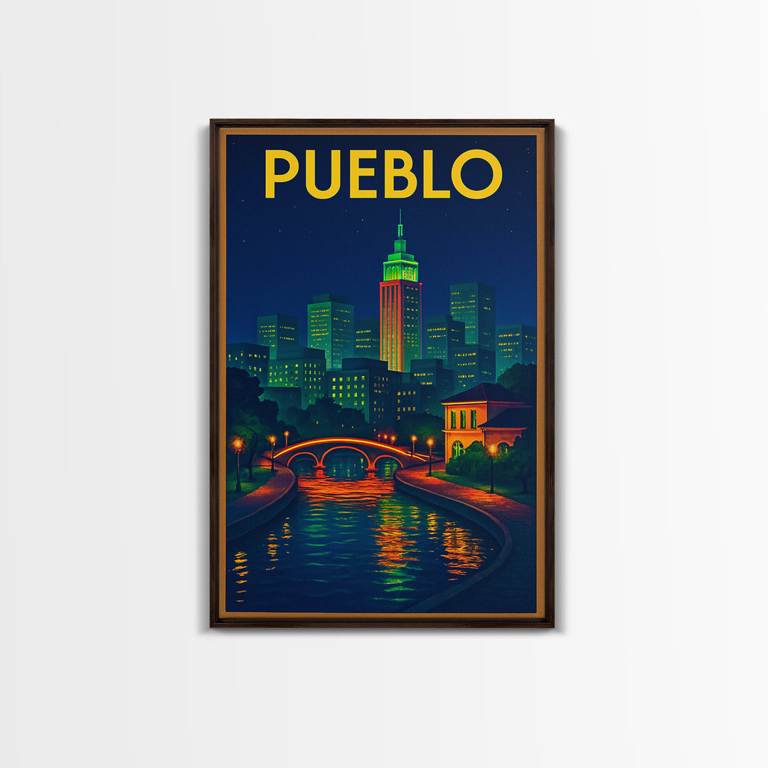 Pueblo Travel Poster, Canvas Print, Retro Neon Travel Art, Pueblo Wall Art, Travel Art Print, Travel Poster Art, Eclectic Wall Decor