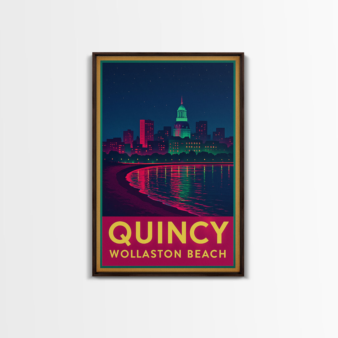 Quincy Massachusetts Travel Poster, Canvas Print, Retro Neon Travel Art, Quincy Travel Art, Travel Wall Decor, Home Office Decor, Art Print