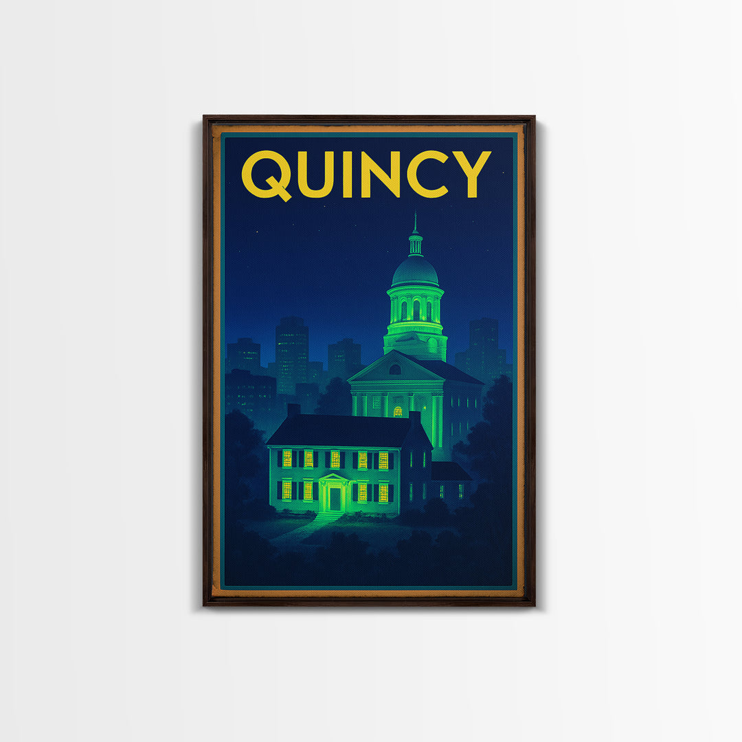Quincy Travel Poster, Canvas Print, Neon Urban Skyline Wall Art, Quincy Wall Art, Modern Wall Decor, Fine Art Print, Living Room Wall Art