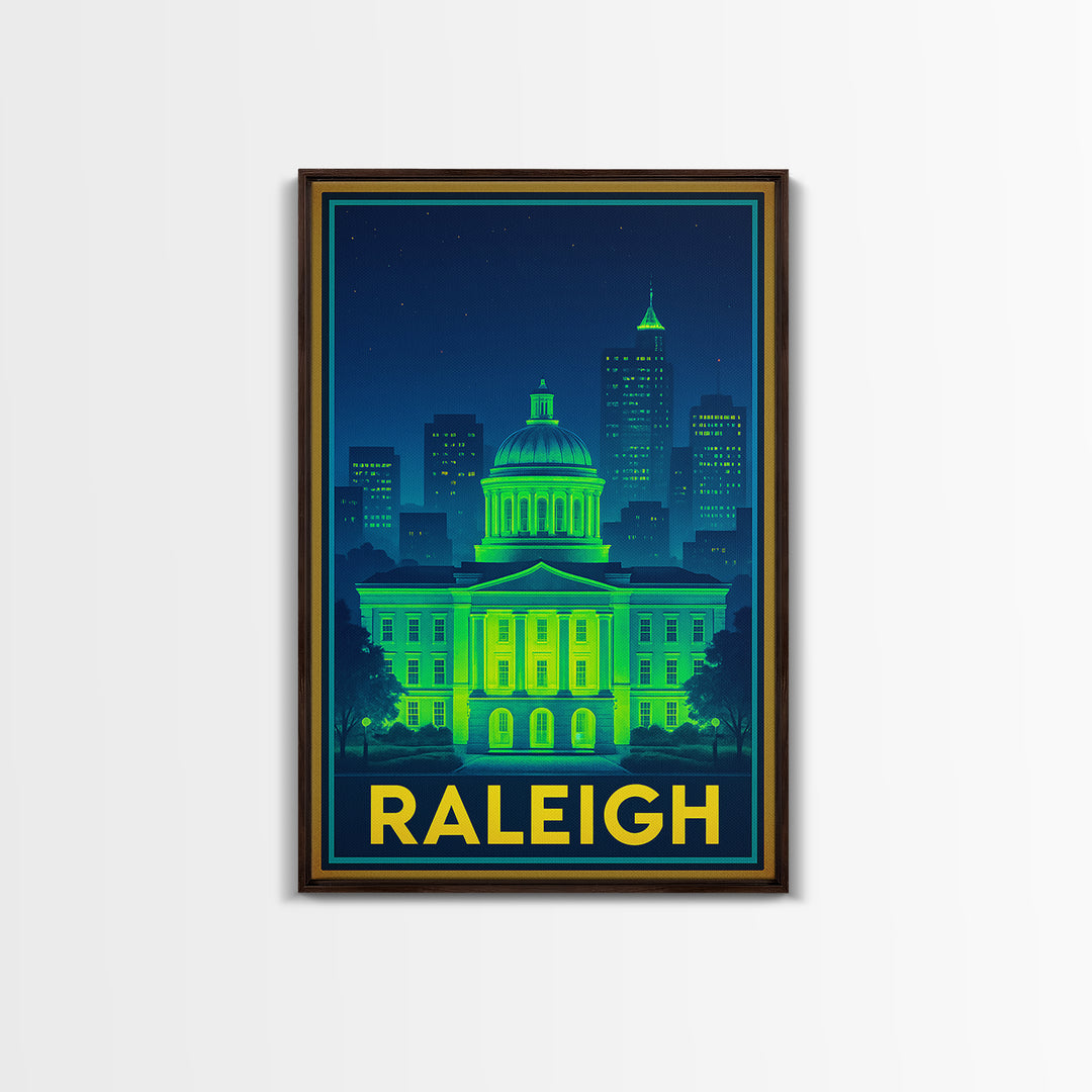 Raleigh North Carolina Travel Poster, Canvas Print, Electric Night Poster Art, Raleigh City Art, Vintage City Art, Travel Art, City Poster
