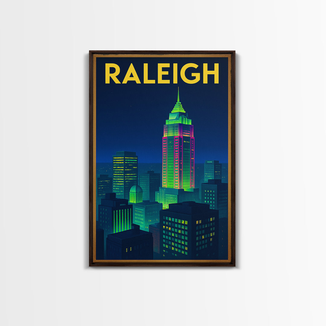 Raleigh Travel Poster, Framed Canvas Print, Retro Neon Travel Art, Raleigh Travel Art, Travel Poster Set, Gift For Travelers, Home Decor