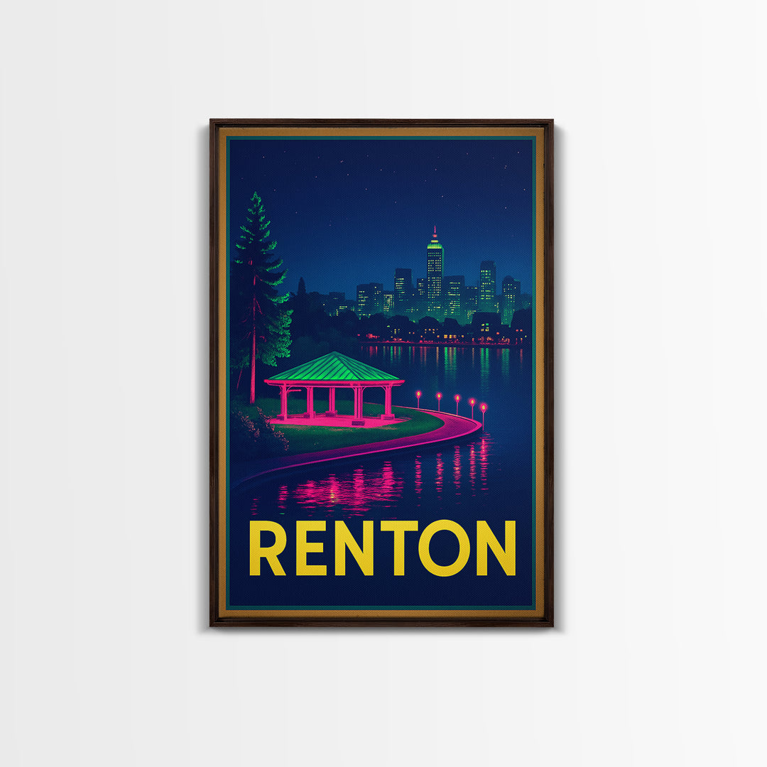Renton Washington Travel Poster, Canvas Print, Neon Downtown Skyline Wall Art, Renton Travel Art, Travel Prints, Wanderlust Decor, Art Print