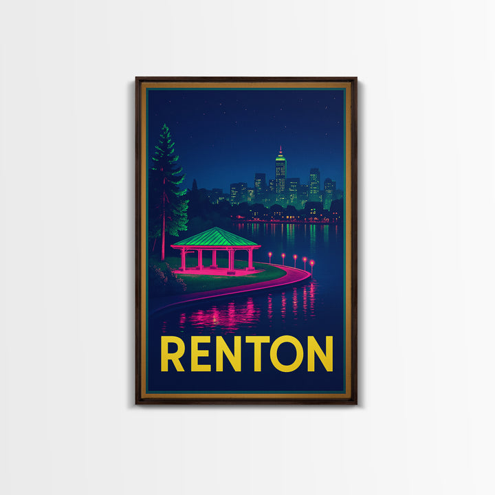 Renton Washington Travel Poster, Canvas Print, Neon Downtown Skyline Wall Art, Renton Travel Art, Travel Prints, Wanderlust Decor, Art Print