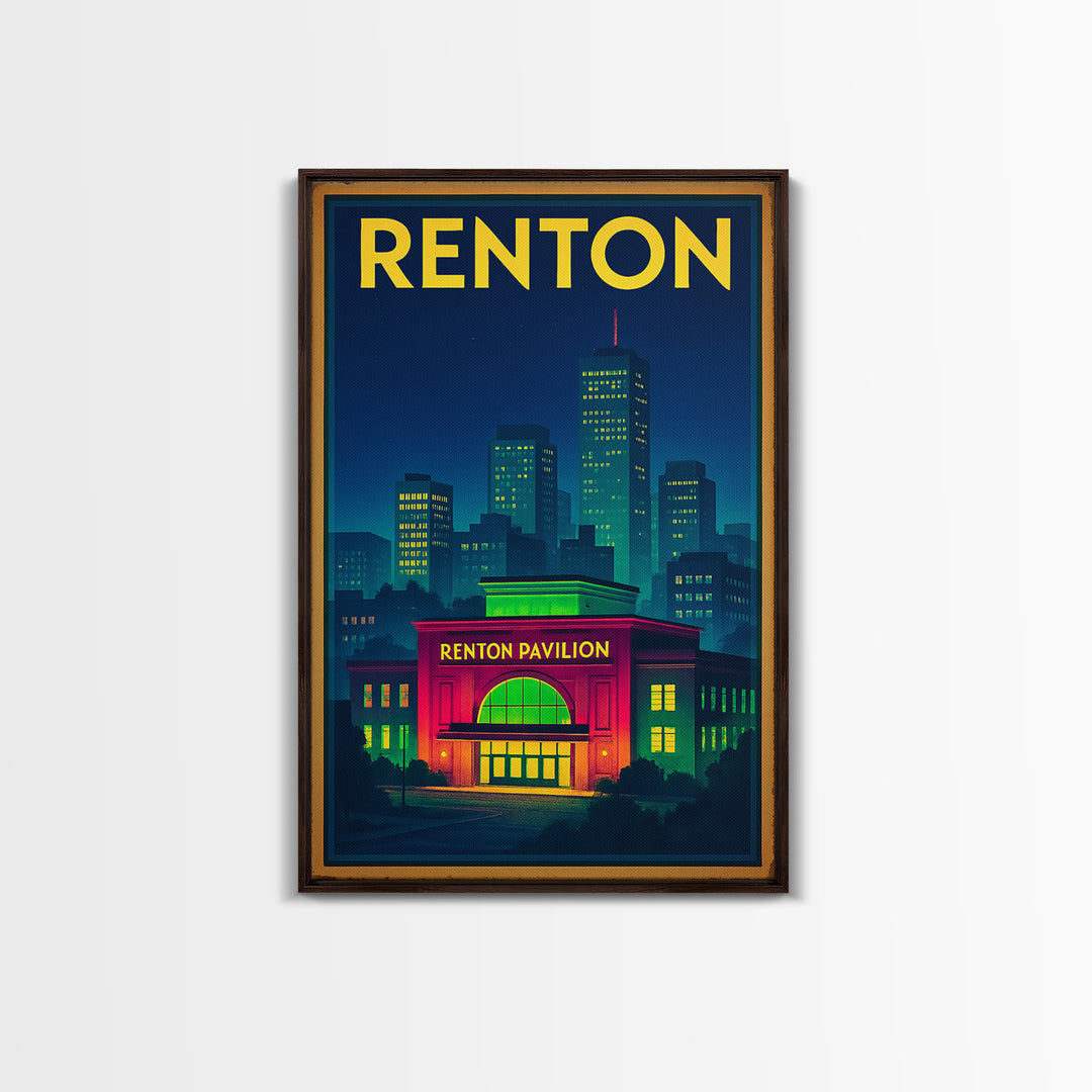 Renton Travel Poster, Canvas Print, Electric Night Poster Art, Renton Art Print, Living Room Wall Art, Vintage City Art, Fine Art Print