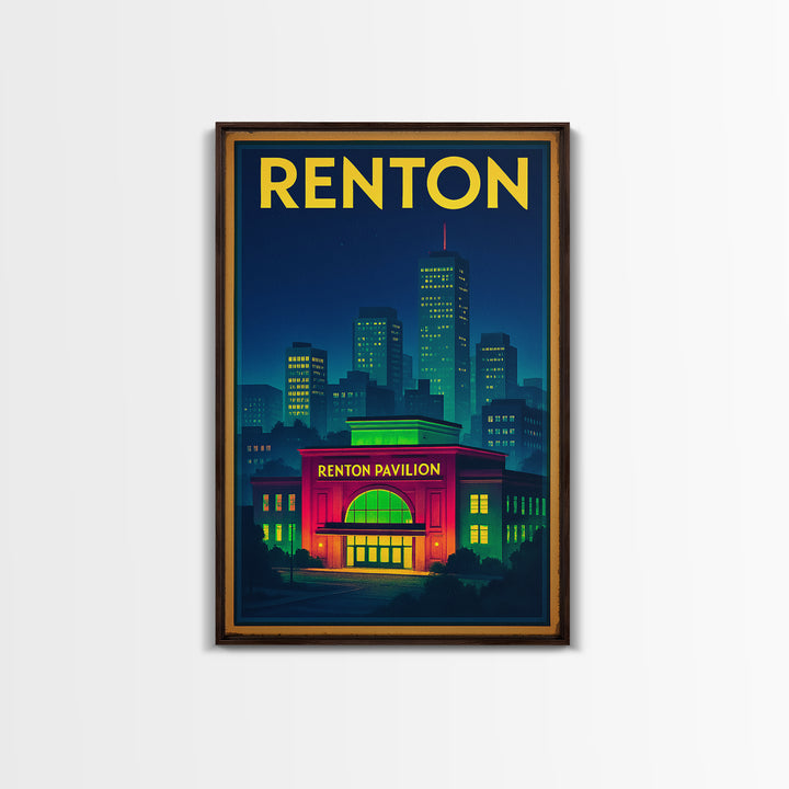 Renton Travel Poster, Canvas Print, Electric Night Poster Art, Renton Art Print, Living Room Wall Art, Vintage City Art, Fine Art Print