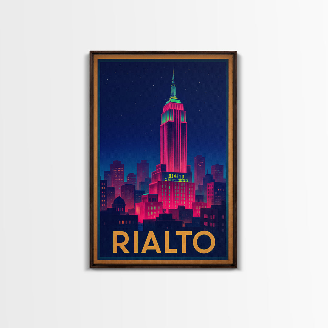 Rialto California Travel Poster, Canvas Print, Electric Night Poster Art, Rialto Wall Art, Travel Art, Travel Print, Wanderlust Decor