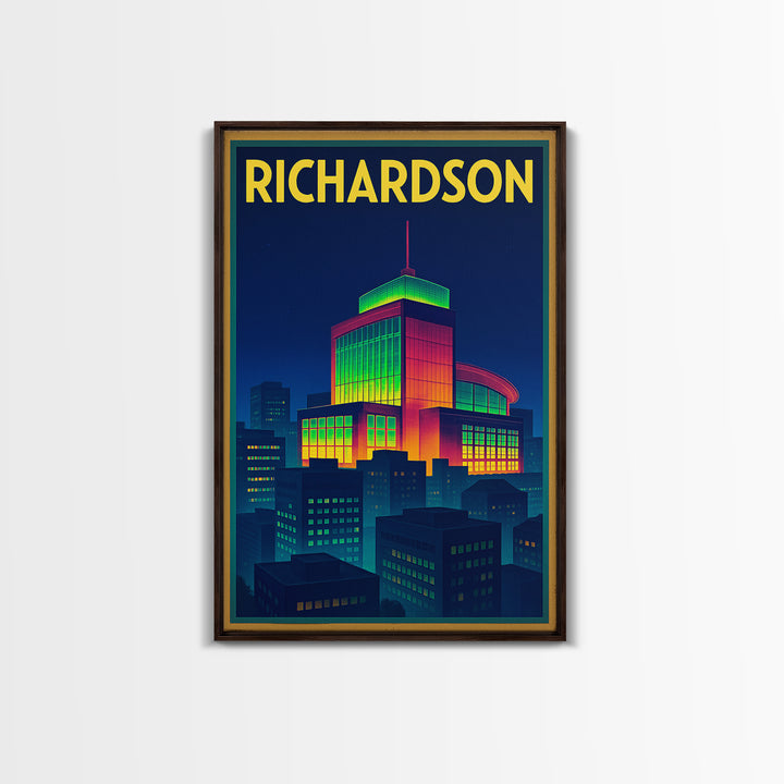 Richardson Travel Poster, Framed Canvas Print, Cyberpunk Style City Art, Richardson Art Print, Travel Wall Art, Eclectic Wall Decor