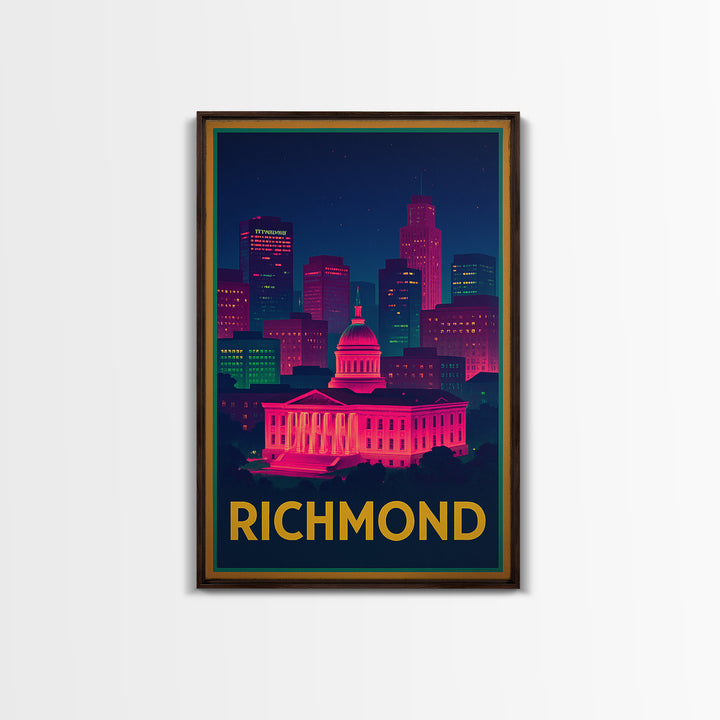 Richmond Travel Poster, Canvas Print, Neon Cityscape Wall Art, Richmond Art Print, Travel Wall Decor, Travel Wall Art, City Illustration