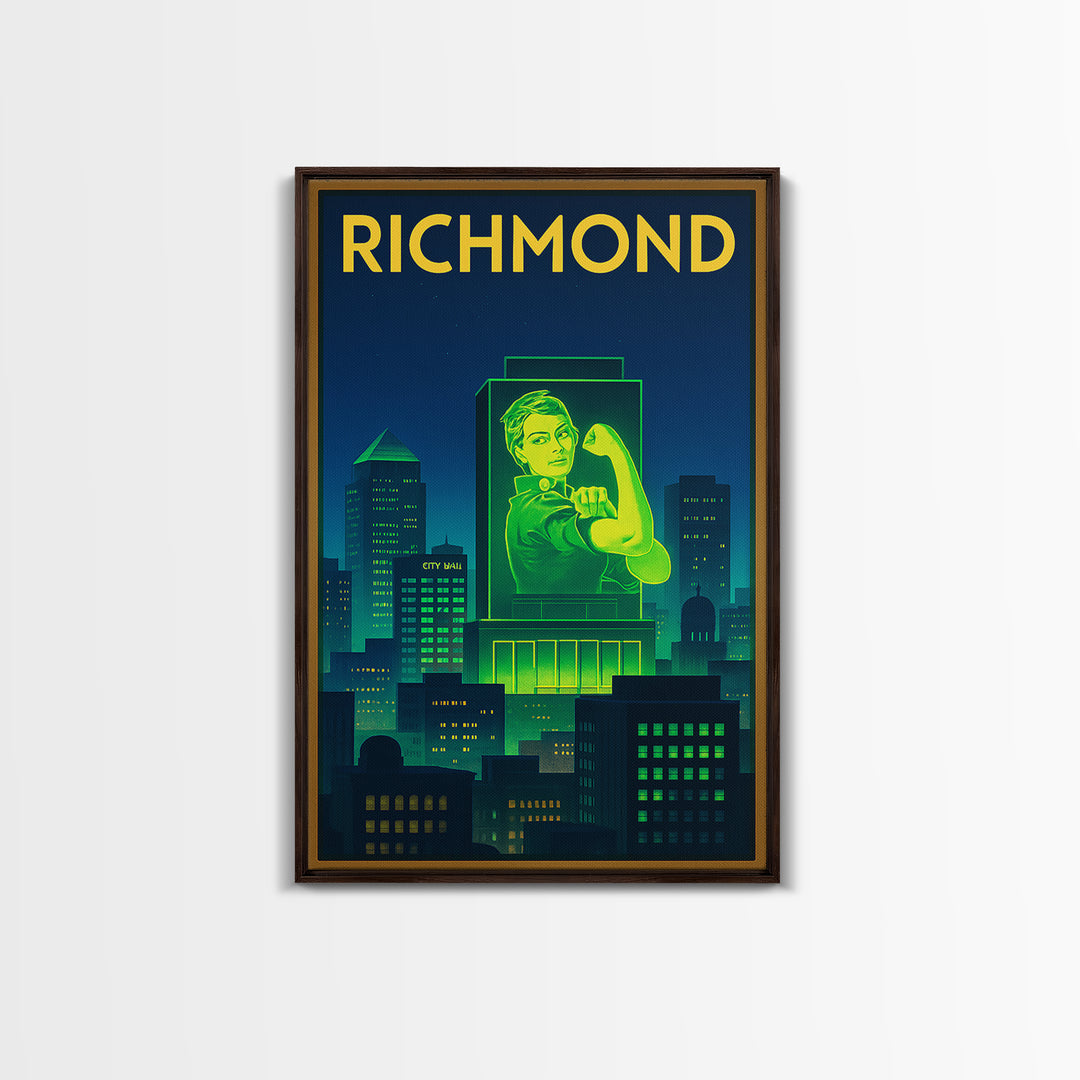 Richmond Travel Poster, Framed Canvas Print, Electric Night Poster Art, Richmond City Art, Wanderlust Decor, Living Room Wall Art