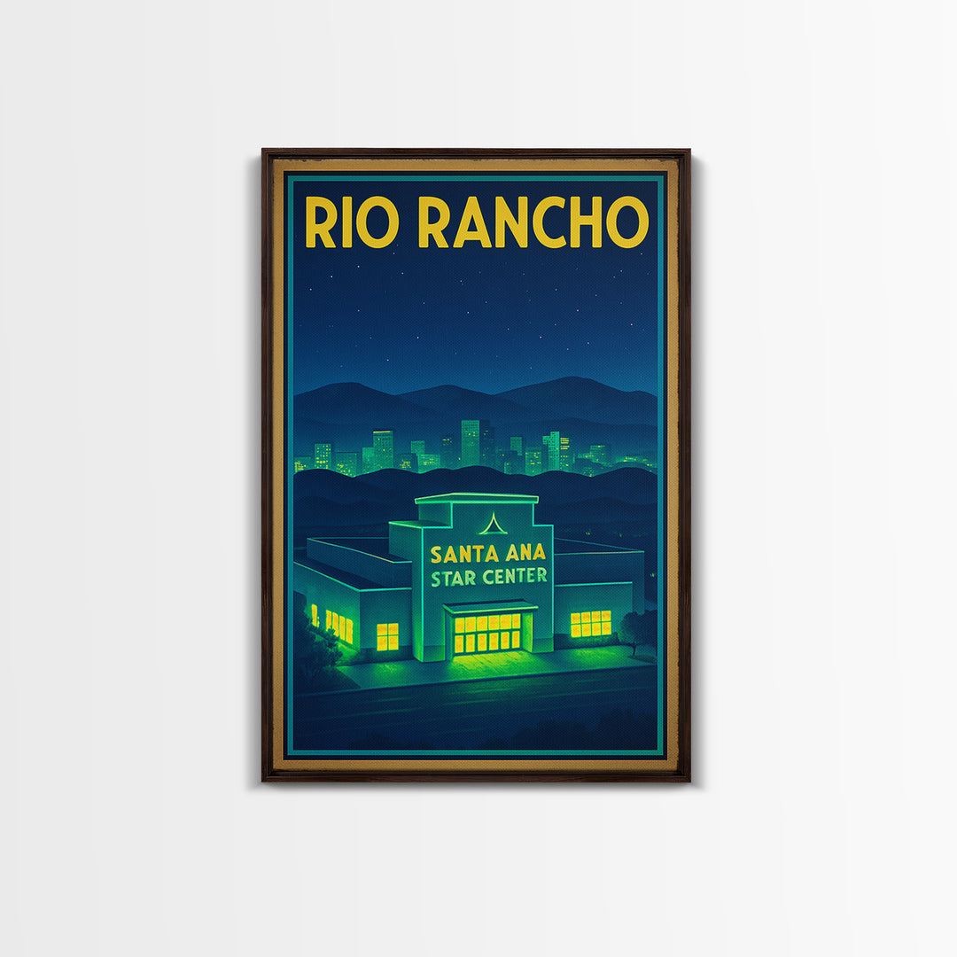 Rio Rancho Travel Poster, Framed Canvas Print, Electric Night Poster Art, Rio Rancho Art Print, Home Office Decor, Watercolor Skyline