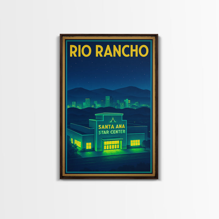 Rio Rancho Travel Poster, Framed Canvas Print, Electric Night Poster Art, Rio Rancho Art Print, Home Office Decor, Watercolor Skyline