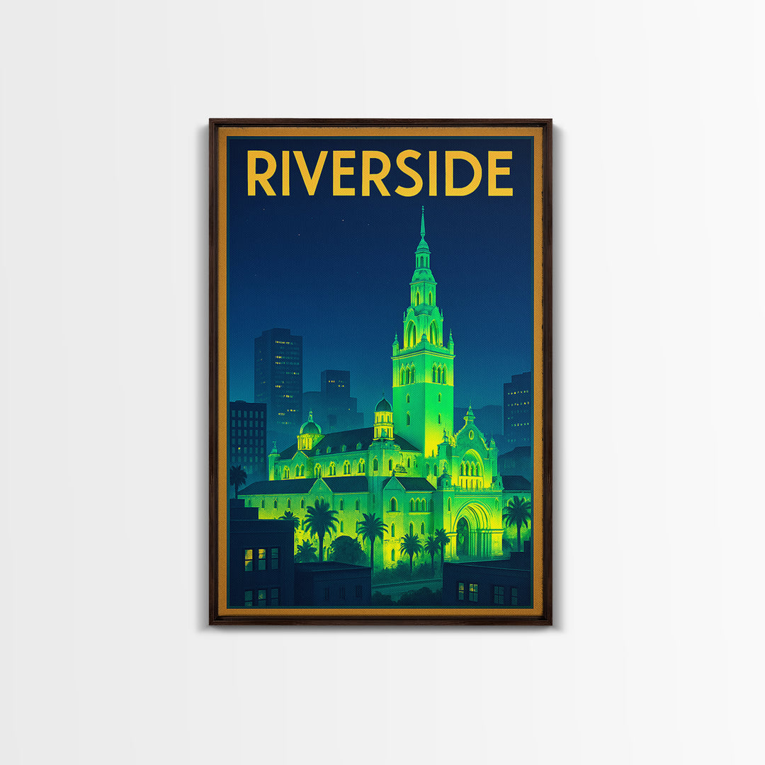 Riverside Travel Poster, Canvas Print, Neon City Skyline Wall Art, Riverside City Art, Living Room Wall Art, Eclectic Wall Decor, Wall Art