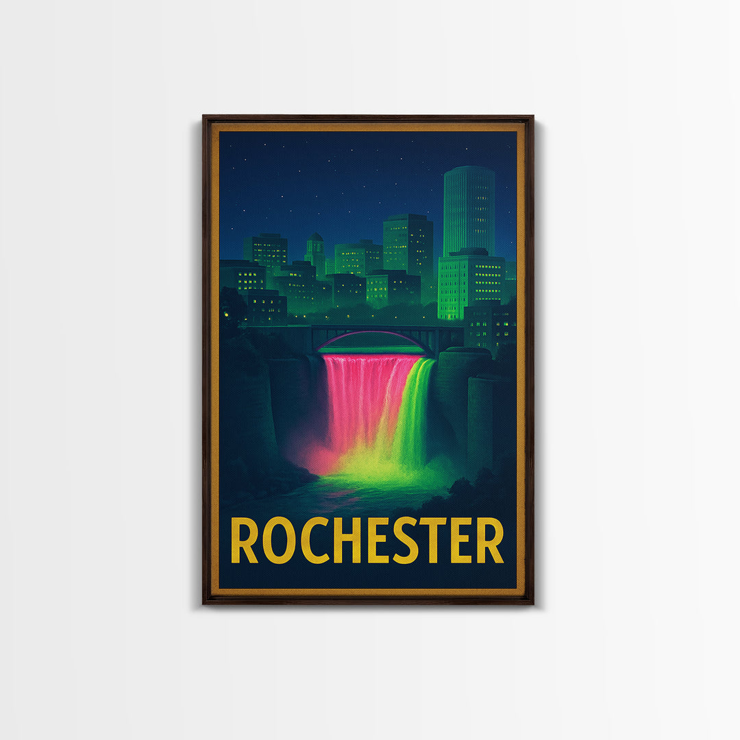 Rochester New York Travel Poster, Framed Canvas Print, Retro Neon Travel Art, Rochester Art Print, Mid Century Wall Art, Eclectic Wall Decor