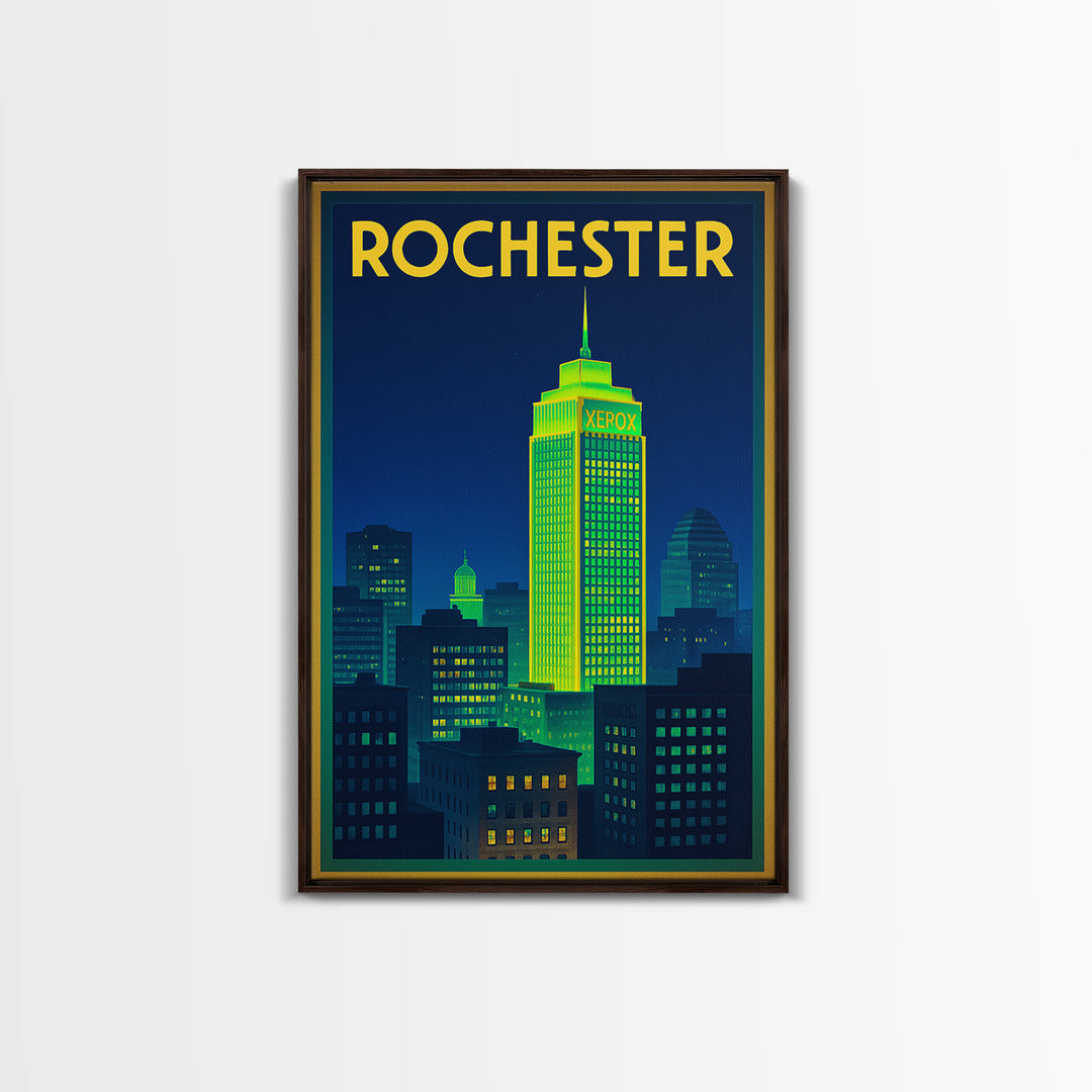 Rochester Travel Poster, Framed Canvas Print, Electric Night Poster Art, Rochester Travel Art, Wanderlust Decor, Watercolor Skyline Art