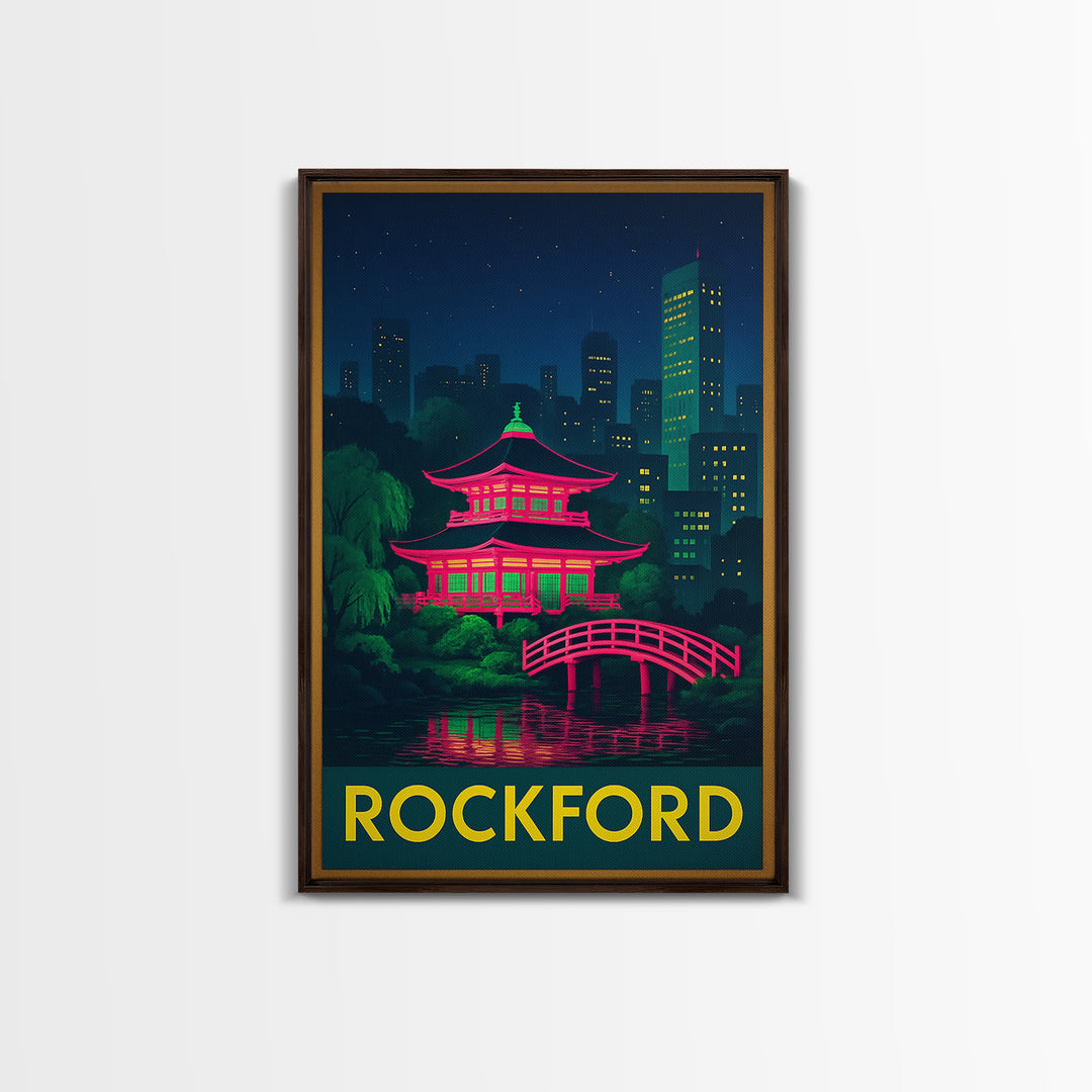 Rockford Illinois Travel Poster, Canvas Print, Retro Neon Travel Art, Rockford Art Print, Wanderlust Decor, Mid Century Wall Art, Travel Art