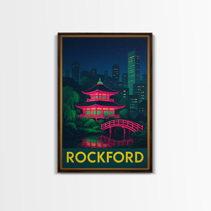 Rockford Illinois Travel Poster, Canvas Print, Retro Neon Travel Art, Rockford Art Print, Wanderlust Decor, Mid Century Wall Art, Travel Art