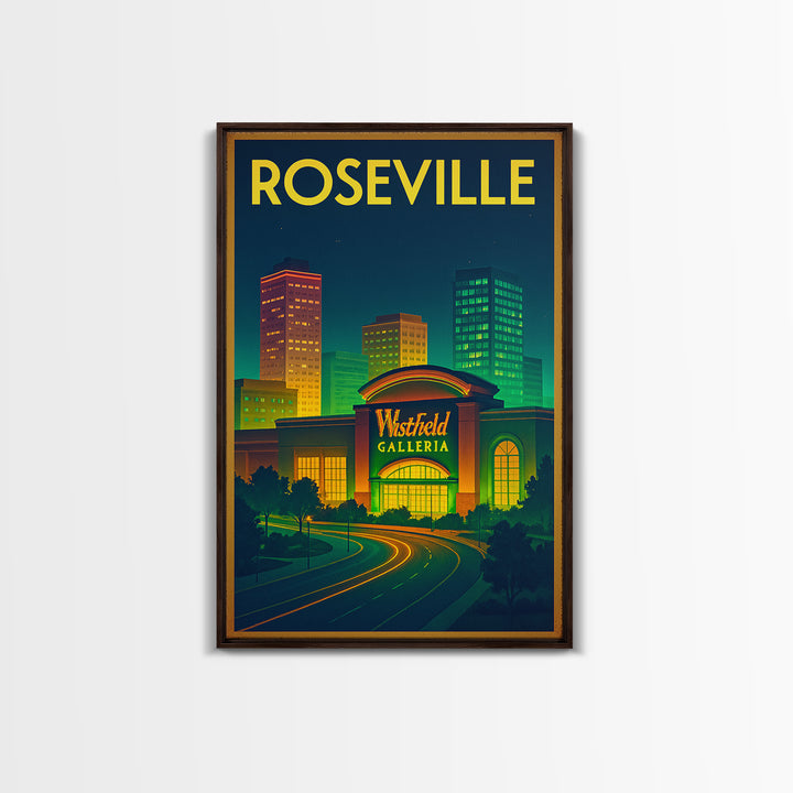 Roseville Travel Poster, Framed Canvas Print, Neon Skyline Art Wall Art, Roseville Poster Print, Home Office Decor, City Illustration