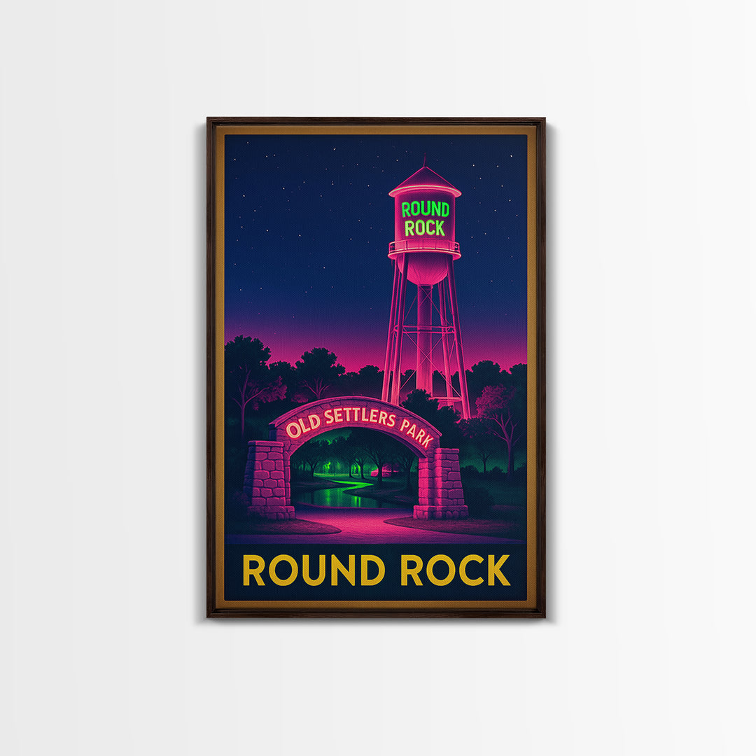 Round Rock Texas Travel Poster, Canvas Print, Electric Night Poster Art, Round Rock City Art, Watercolor Downtown Skyline, Travel Poster Art