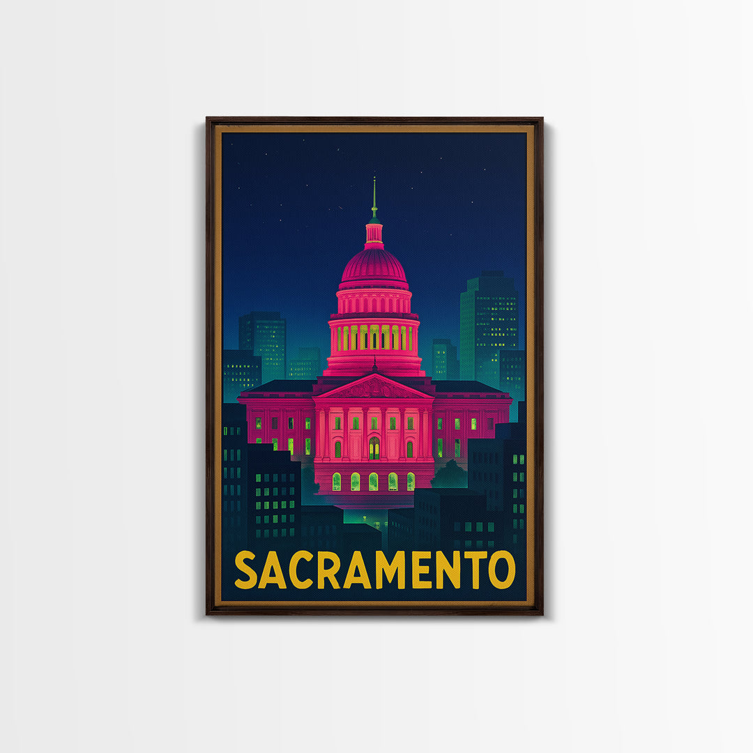 Sacramento California Travel Poster, Canvas Print, Electric Night Poster Art, Sacramento Wall Art, Vintage Travel Art, Living Room Wall Art