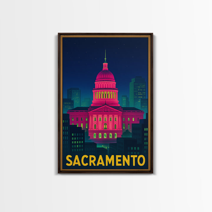 Sacramento California Travel Poster, Canvas Print, Electric Night Poster Art, Sacramento Wall Art, Vintage Travel Art, Living Room Wall Art