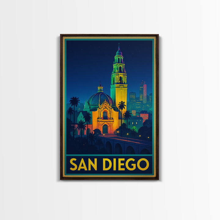 San Diego California Travel Poster, Canvas Print, Cyberpunk Style City Art, San Diego Poster Print, City Illustration, Mid Century Wall Art