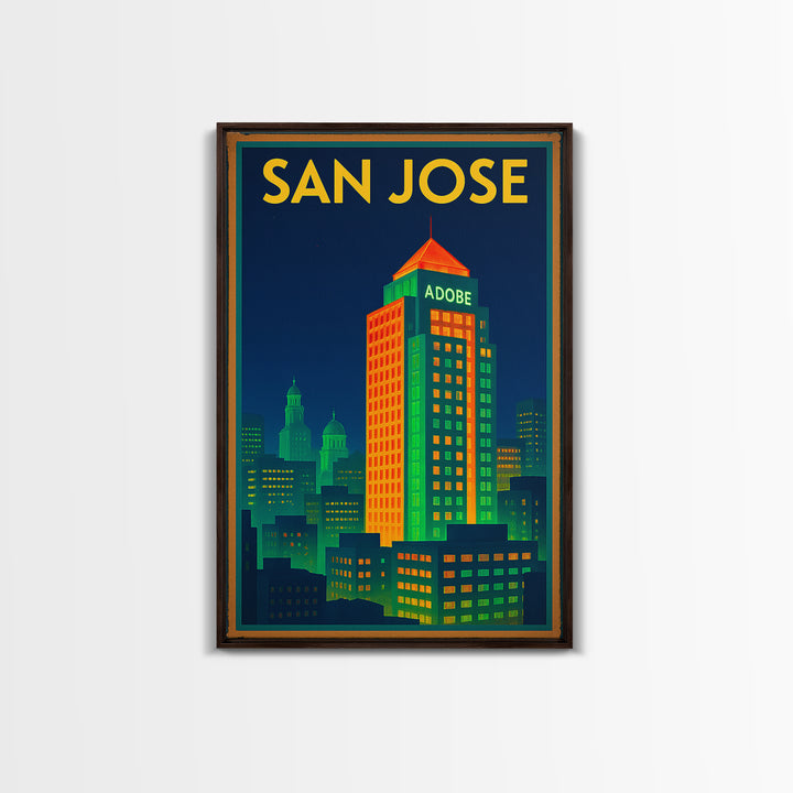 San Jose California Travel Poster, Framed Canvas Print, Cyberpunk Style City Art, San Jose Art Print, Wanderlust Decor, Travel Poster Set